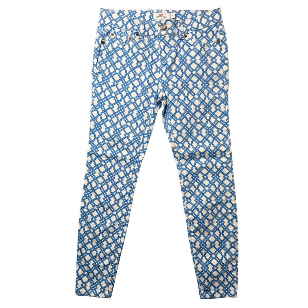 Vineyard Vines Pants Womens 4 Slim Geometric Lattice Blue White Stretch VP0111